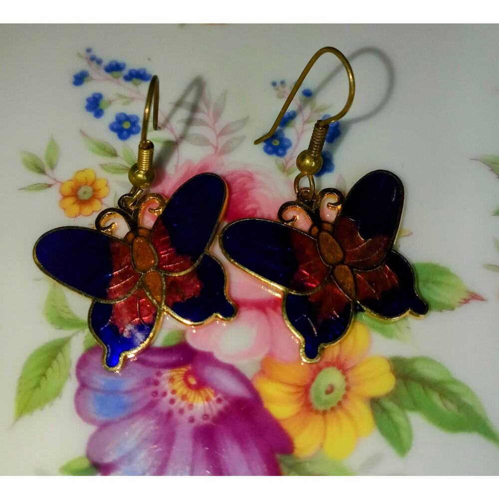 Vintage 1980s Butterfly Cloisonné Dangle Earrings Purple Gold